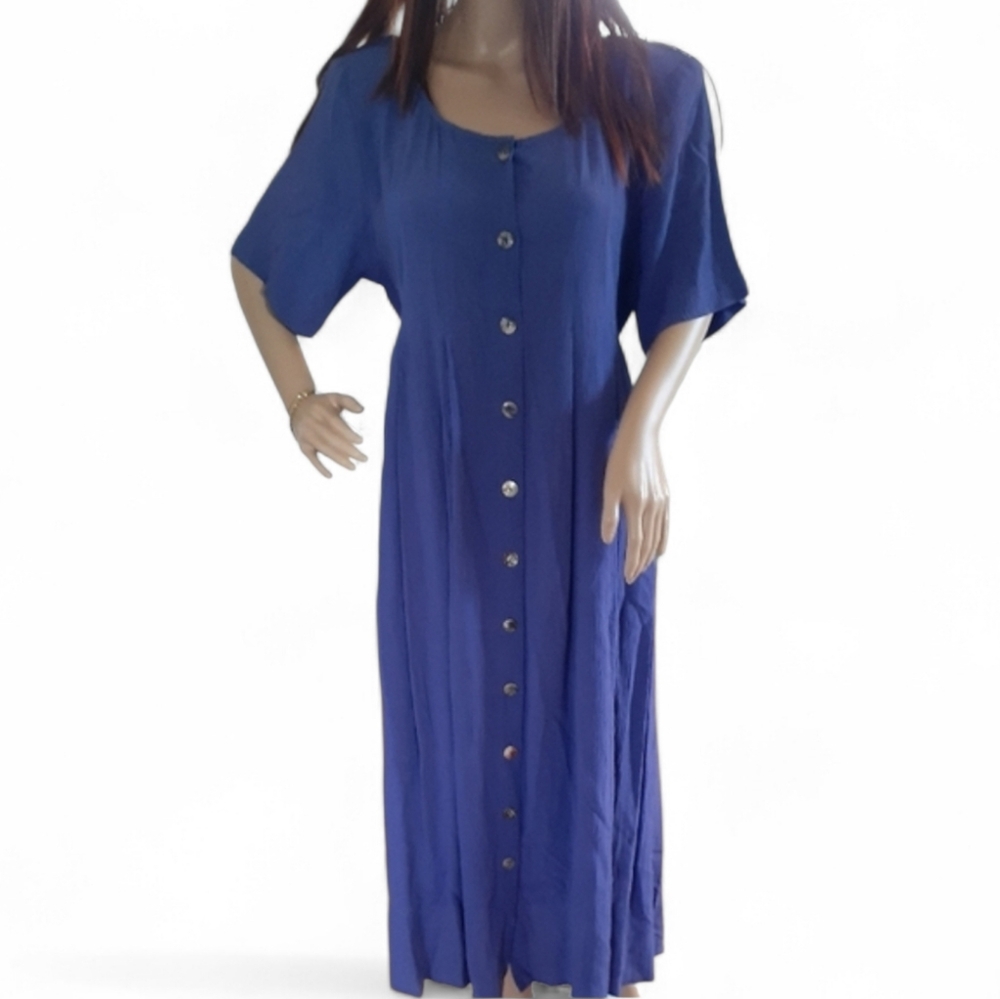 Vintage 90's Carol Little Cobalt Blue Maxi Dress Button Front Tie Waist  Sz 12